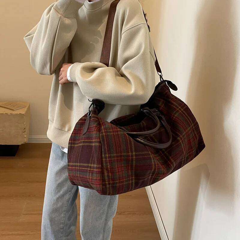 1pcs Handheld Large Capacity Retro Plaid Crossbody Gym Bag Short Trip Business and Travel Luggage Tote Y260225