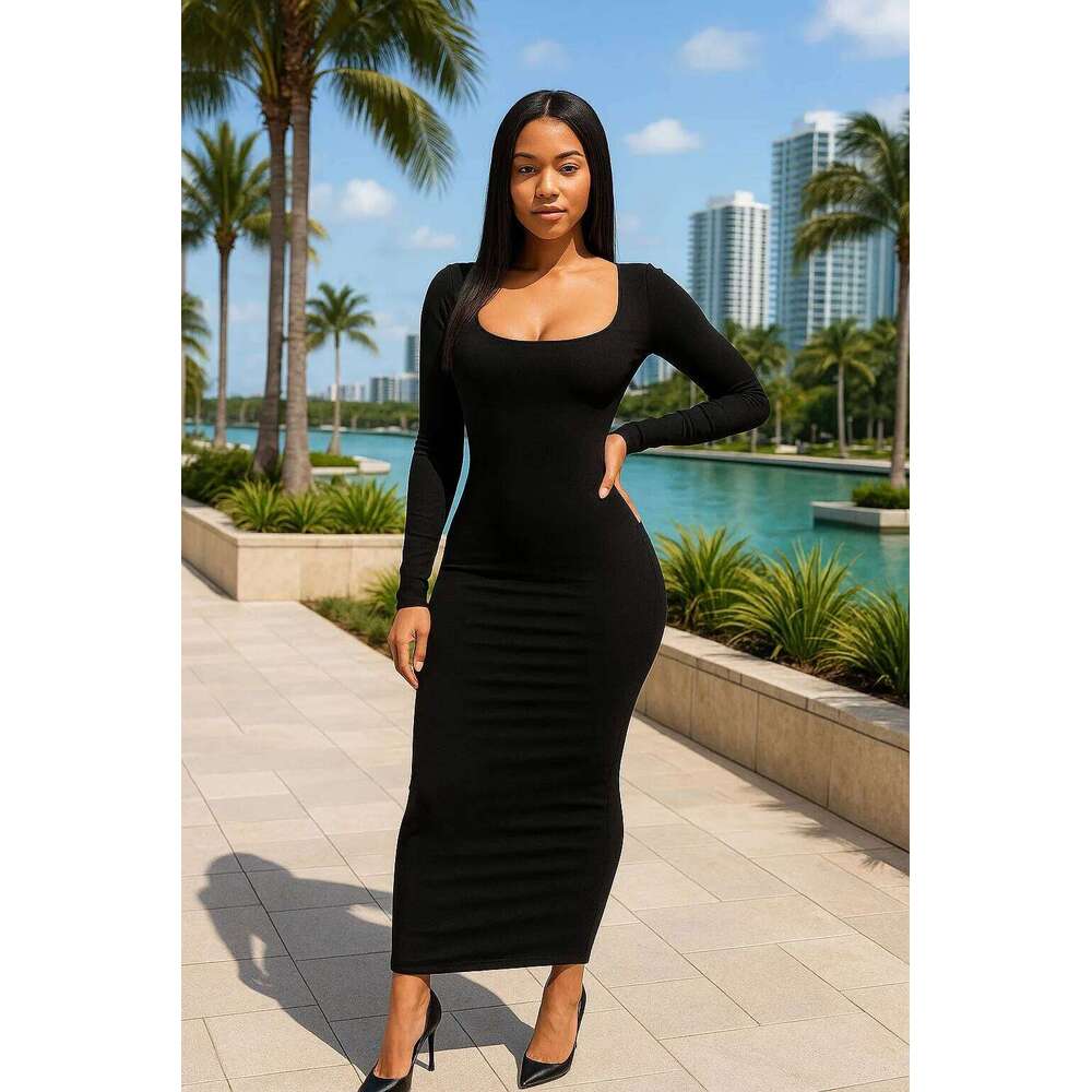 Chic Basic Minimalist Scoop Neck Long Dress - Ankle-Length Knit XJ260225