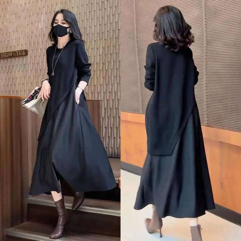 Spring New Women's Temperament Casual Round Neck Fake Two-piece Dress Breathable Slim Long-sleeved Mid-length Skirt XJ260225