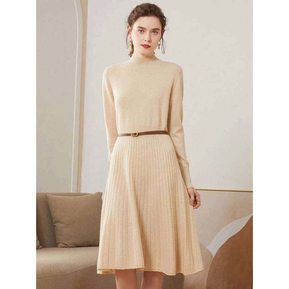 100% Pure Cashmere Pulllover Swearter Dress Women Autumn Winter Half High Collar Pleated High-end Elegant Slimming Knitted Skirt XJ260225