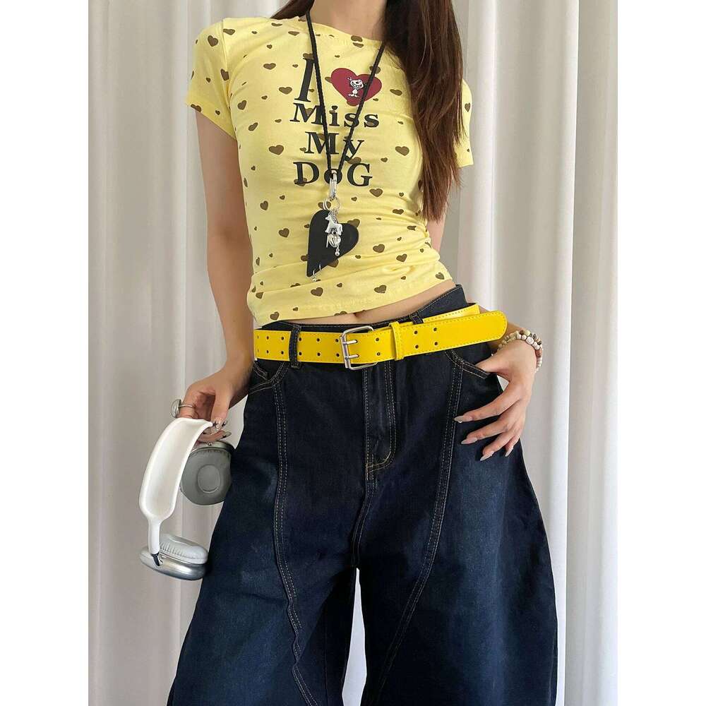 Wide Design Sense Y2K Double-Breasted Yellow For Women Skirt Jeans With Waistcoat Decoration Versatile Belt Y260225
