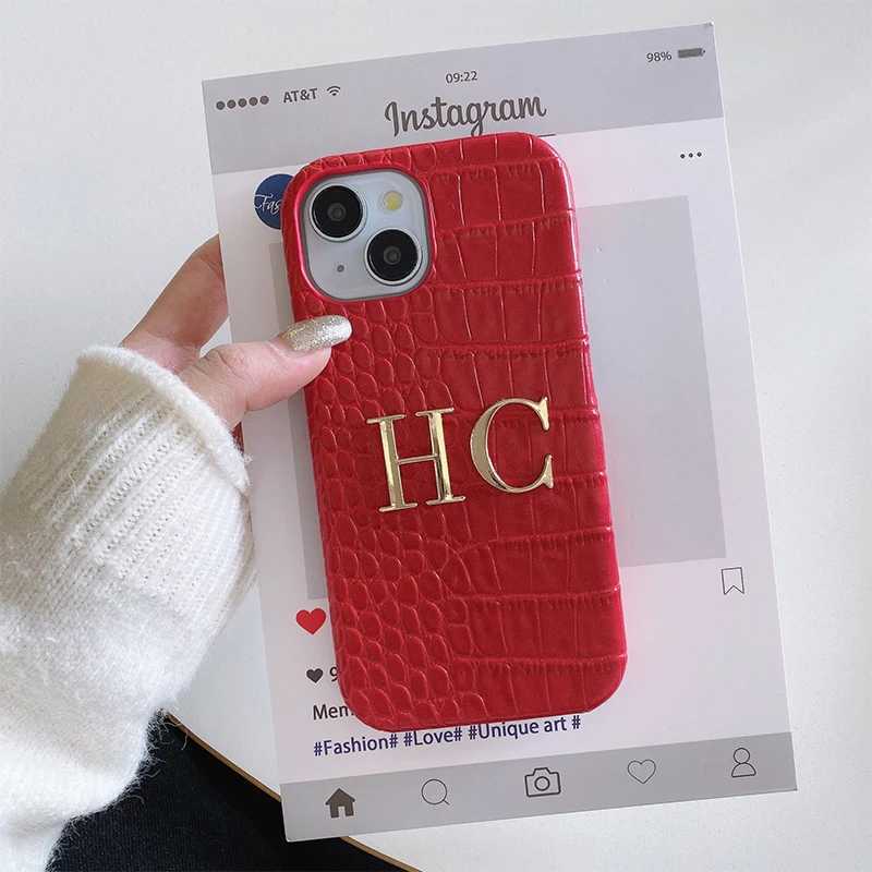 Luxury Crocodile Texture PU Leather Phone Case | Custom Metal Letter Red CoverT260225