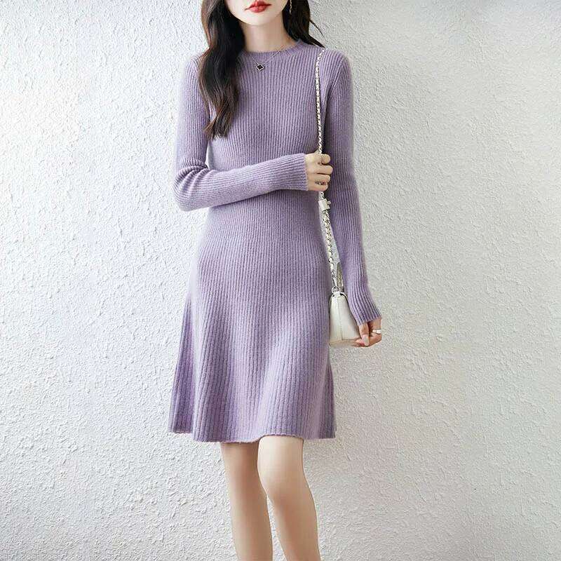 Yoyoselect 100% Merino Wool Women's O Neck Mini Length Autumn Winter A Line Slim and Flare Thickened Soft Warm Dress XJ260225