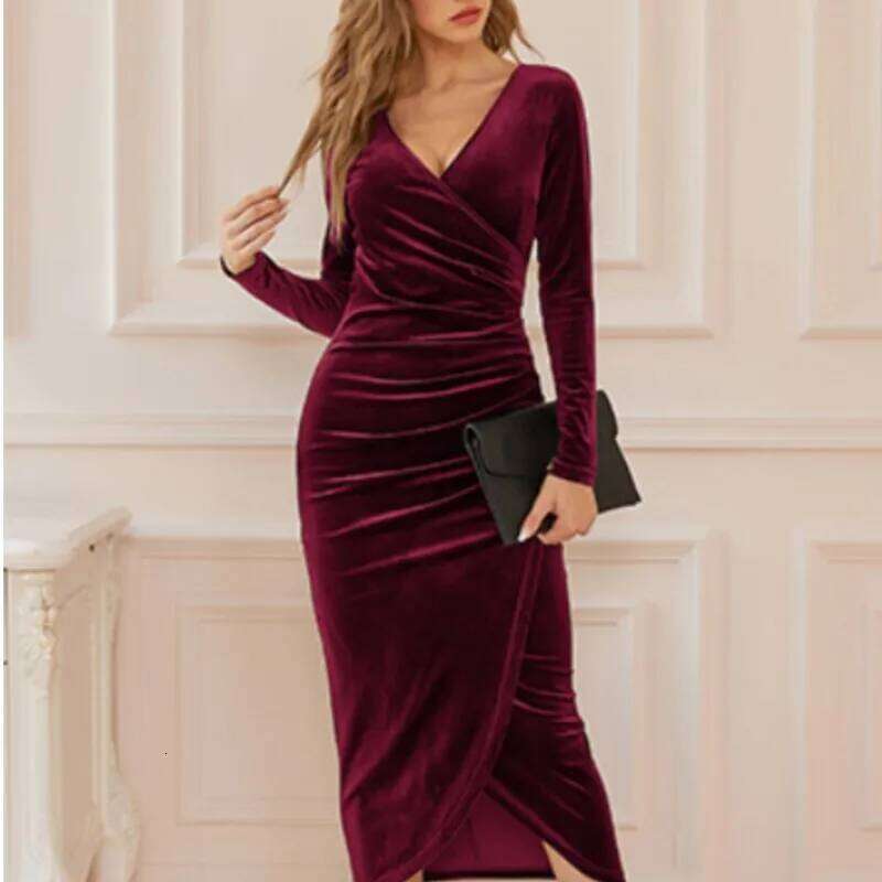 Sexy Woman Solid Color Sleeved Party Club Vestidos Autumn Fashion Women's V-neck Bag Hip Irregular Medium Long Dresses XJ260225