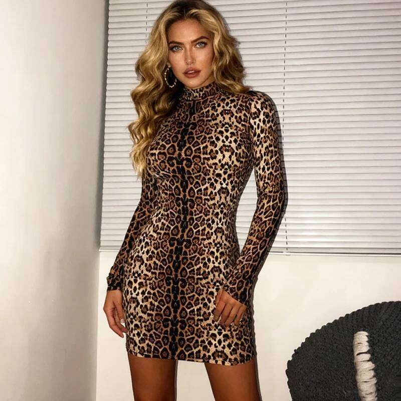 Fashion O Neck Long Sleeve Leopard Print Women's Spring Elegant Bodycon Dress Trendy Clubwear Casual Tiger Women Dresses XJ260225