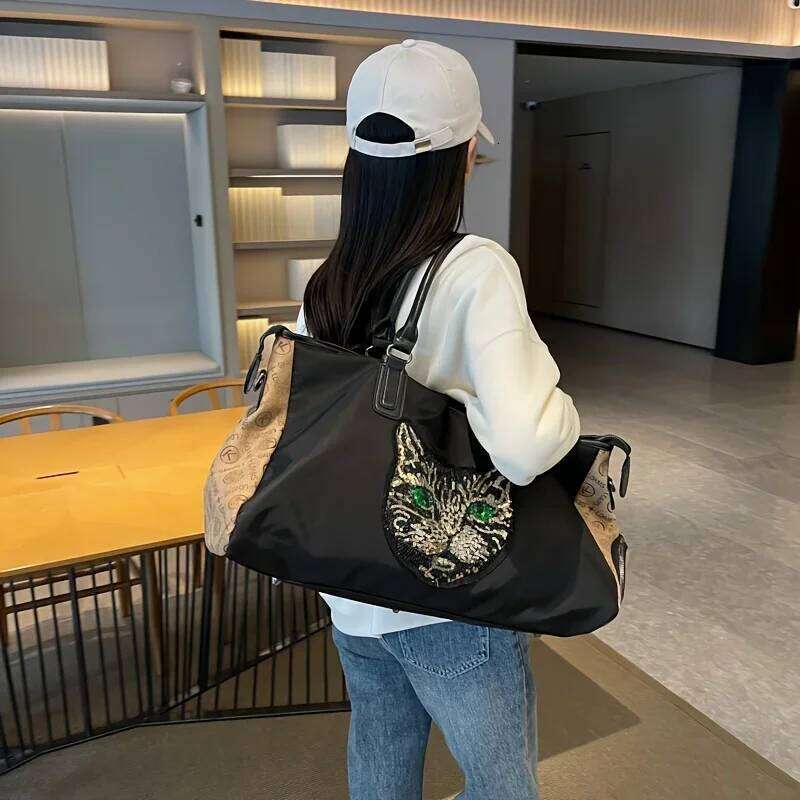 Large Capacity Travel Bag with Bear & Cat Design - Durable Oxford Fabric, Hand Washable, Ideal for Students, Fitness, Yoga Y260225