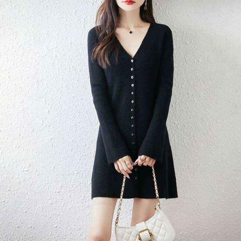 Yoyoselect 100% Merino Wool Women's Mini V Neck Bottoned Knitted Dress A Line Soft Warm Autumn Winter Cashmere Dresses XJ260225
