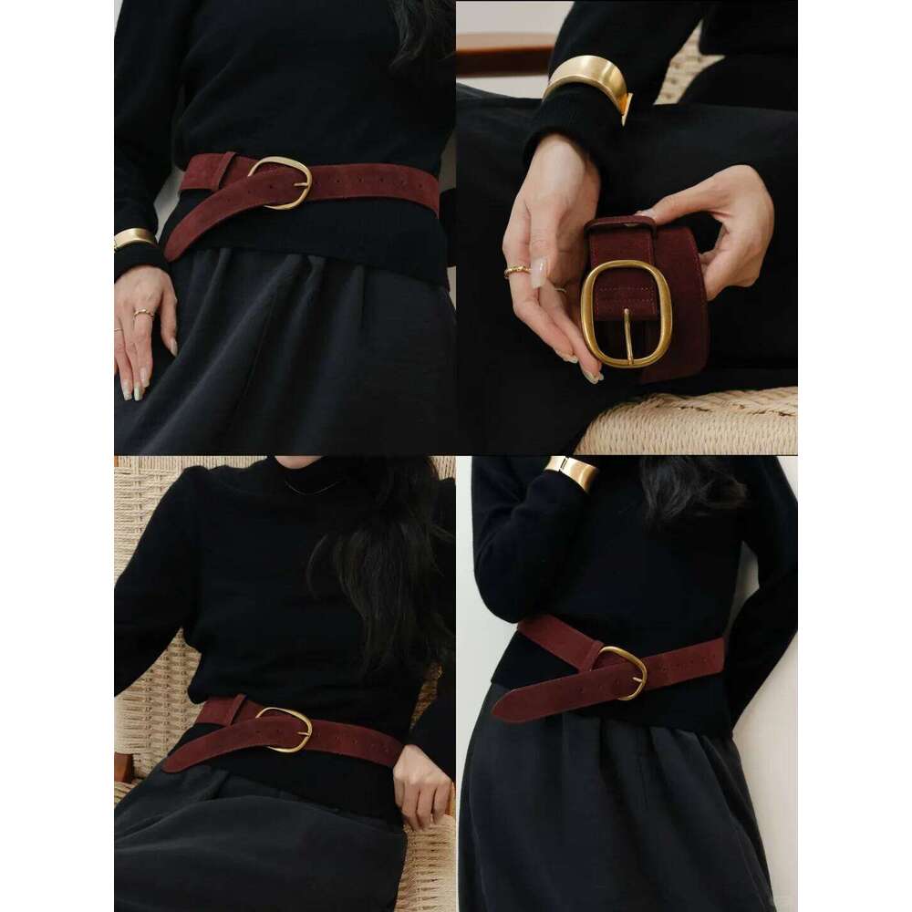 Trendy 45mm Wide Women Genuine Leather Classic Gold Buckle Skinny Waistband Vintage Suede Cowhide Belt for Dresses & Coat Y260225