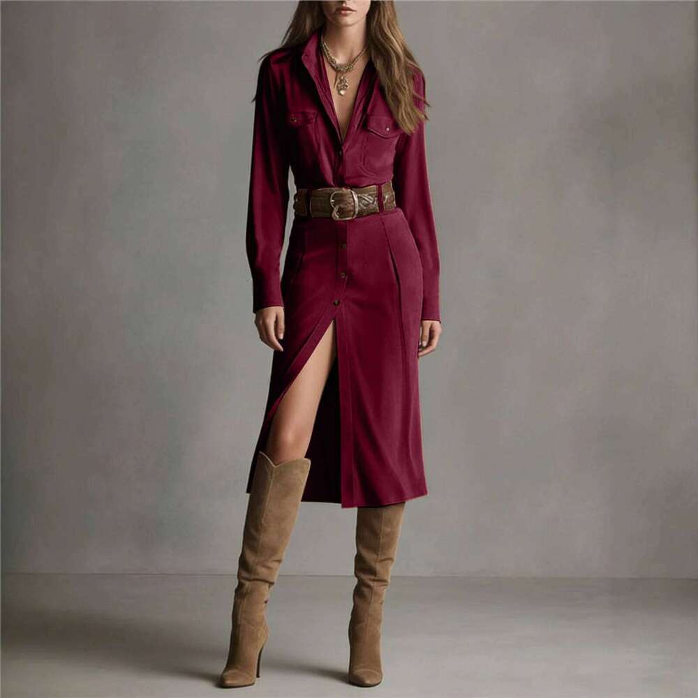 Solid Color Suede Temperament Mid Length Buckled Shirt Collar With Waistband Spring And Autumn Women'S Dress XJ260225