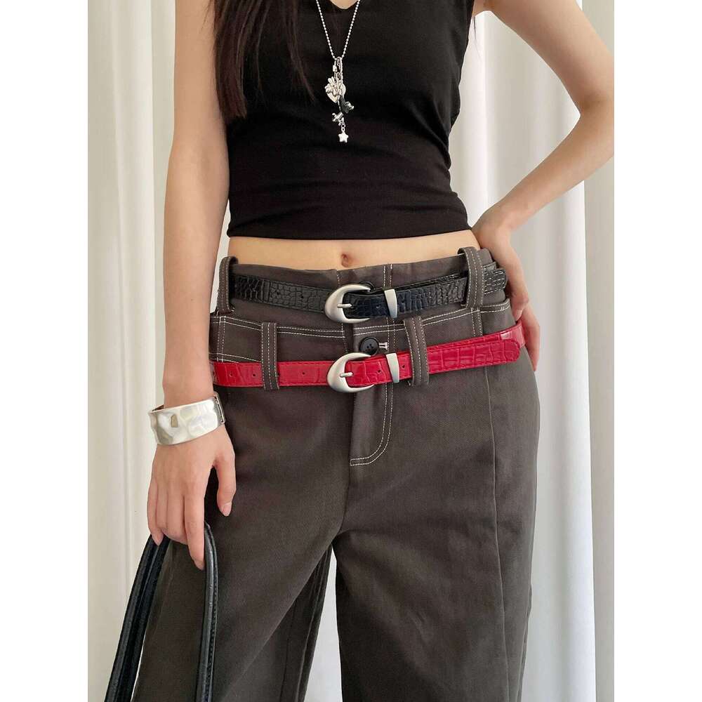 High-End Crocodile Pattern Red Thin Women 2025 New Niche Fashion Belt For Skirts And Jeans Y260225