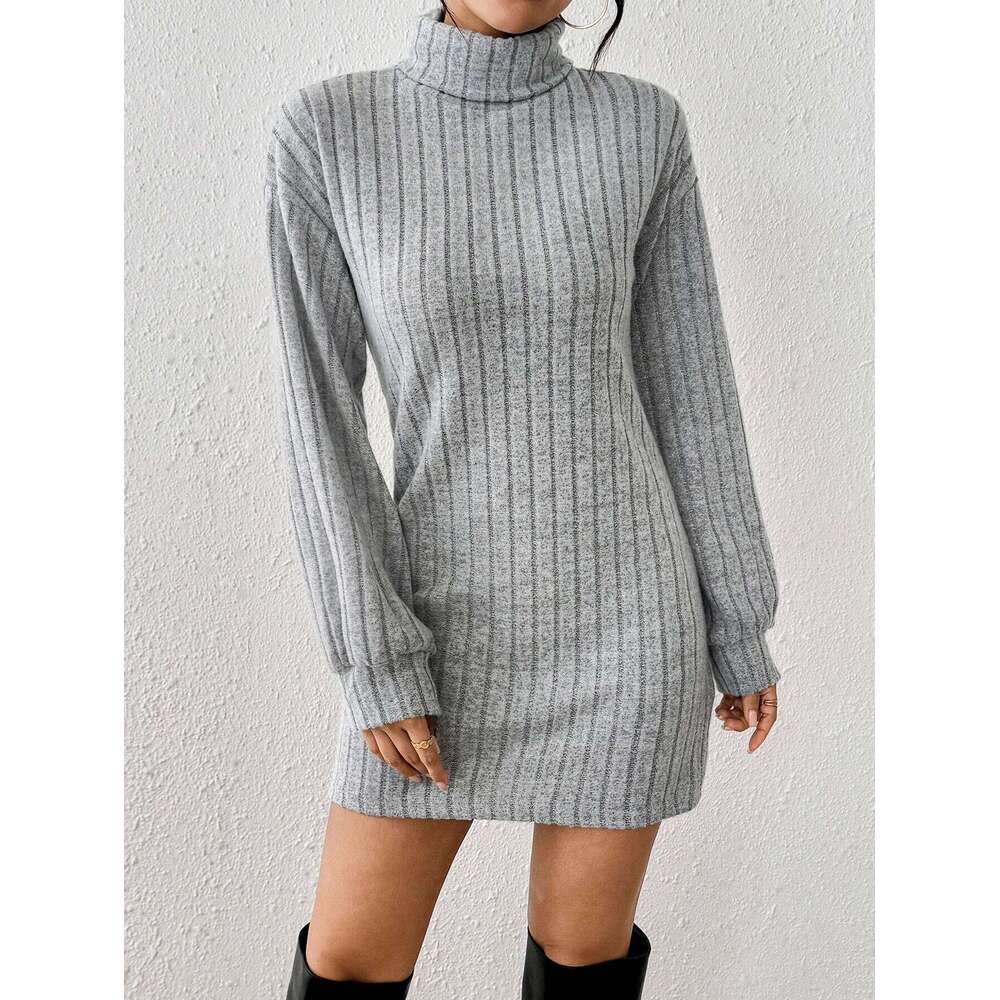 Elegant High Neck Drop Shoulder Ribbed Knit Dress for Commuting Fashionable And Stylish All-in-One XJ260225
