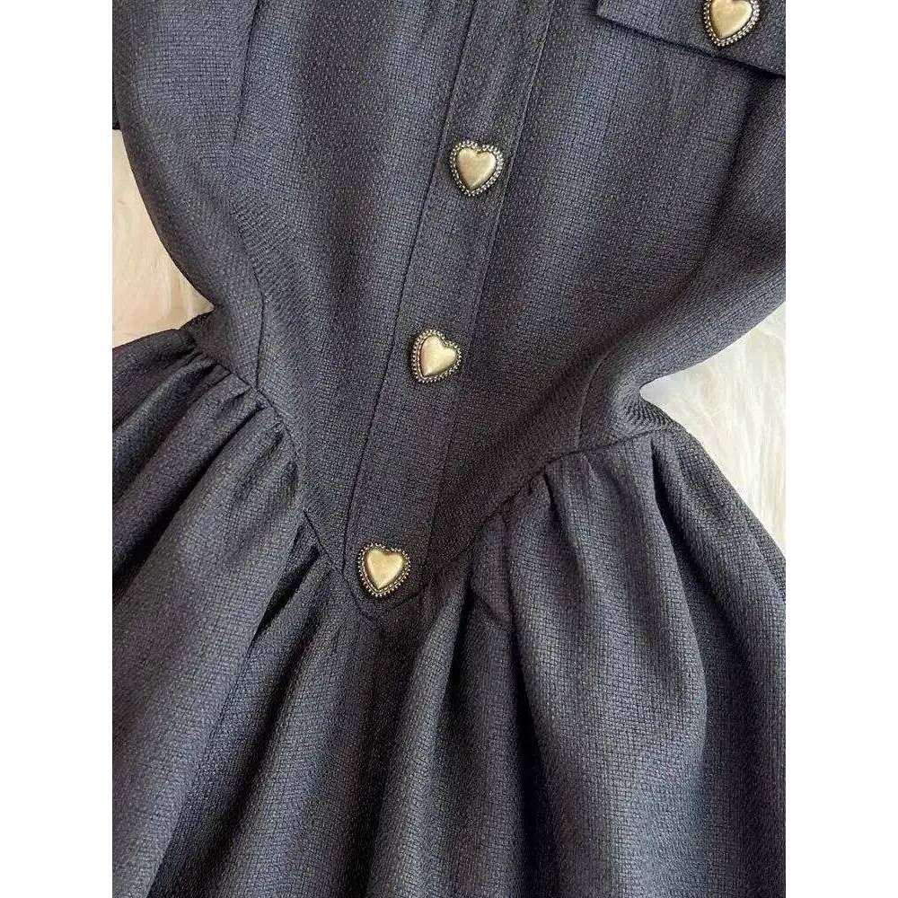 Summer Autumn Black Sundress Short Midi Party Dress Women Elegant Puff Sleeve Heart Buttons Evening Long Vestidos Quality XJ260225