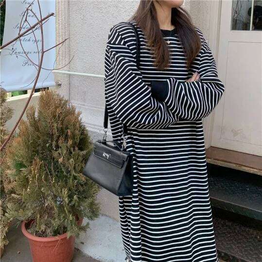 Women's round Neck Long Sleeve Autumn Striped Midi-Length Knee-Covering Loose Casual Trendy One-Piece Dress XJ260225