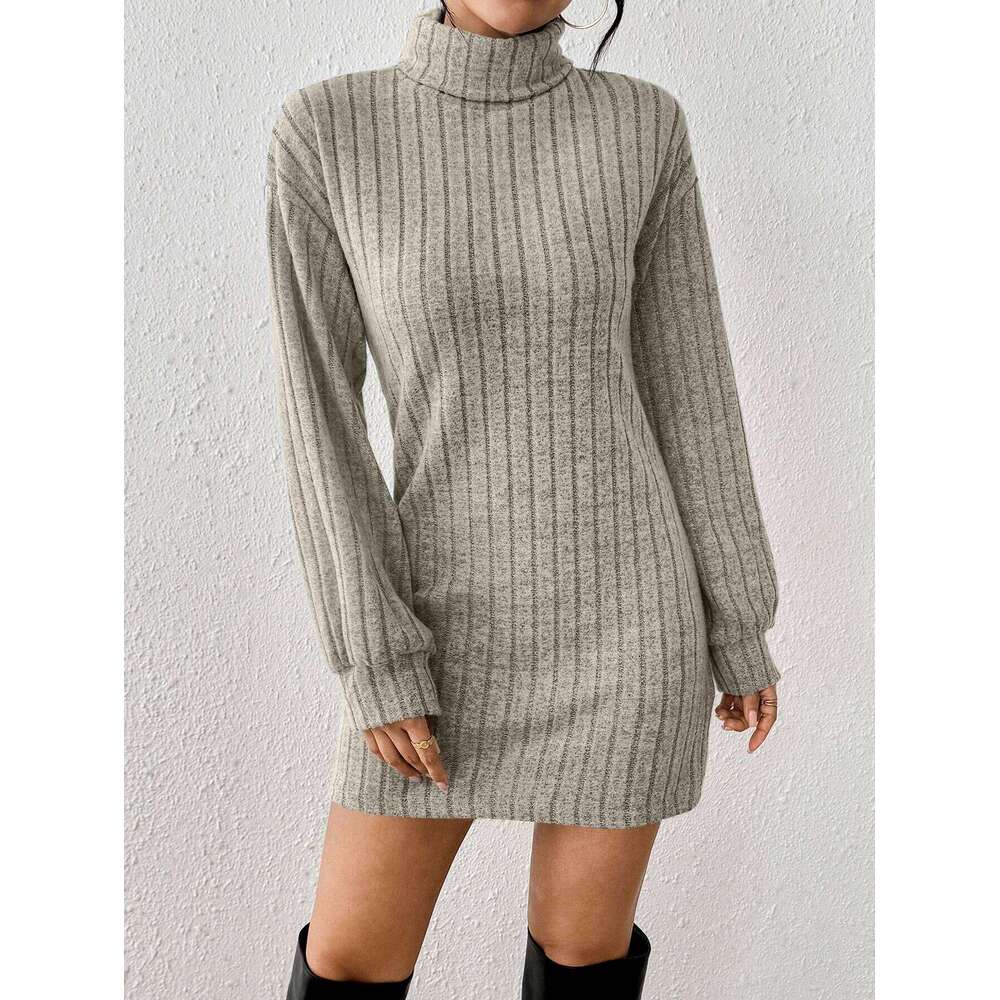 Elegant High Neck Drop Shoulder Ribbed Knit Dress for Commuting Fashionable And Stylish All-in-One XJ260225