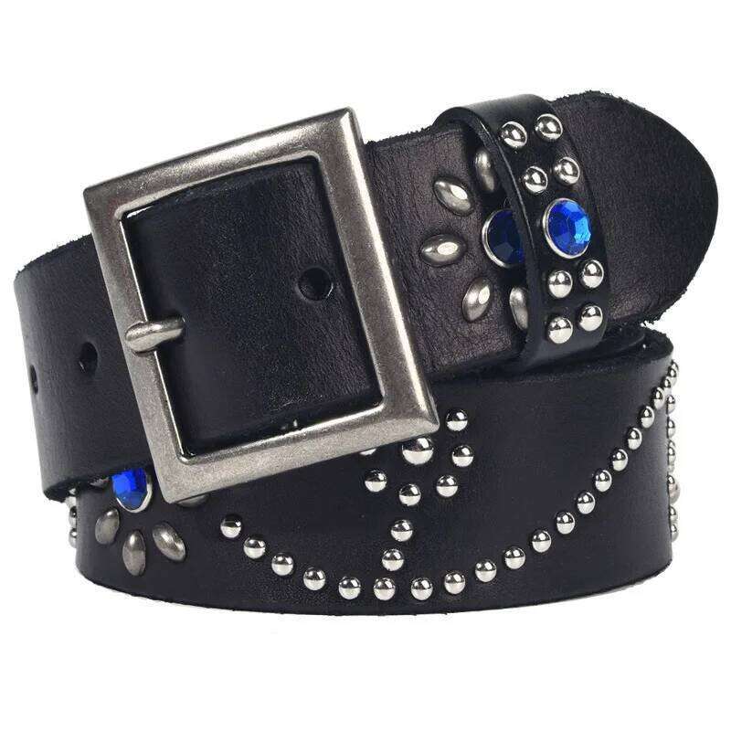 Men High Quality Pure Cowhide Belt Genuine Leather Strap Male Luxury Pin Buckle Diamond-studded Rivets Jeans Belts for Women Y260225