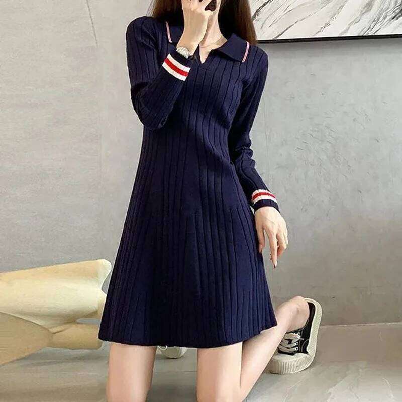 Korean Fashion Striped Patchwork Elegant Chic Knitted Dresses for Women Casual Polo Collar Long Sleeve Slim Mini Dress Vestidos XJ260225