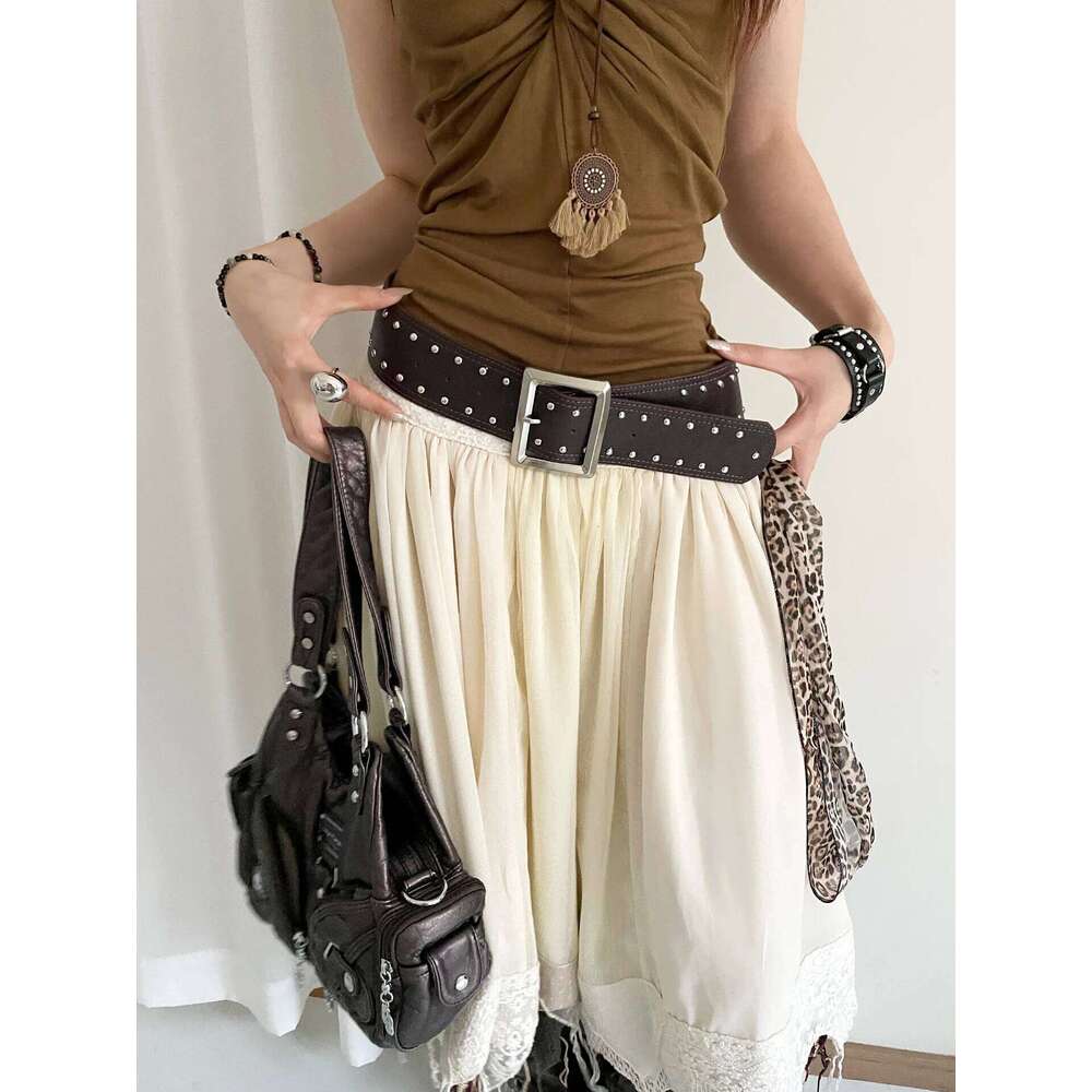 Punk Style Wide Rivet For Women Vintage And Niche Design Skirt With Jeans Accessory High-End Leather Belt Y260225