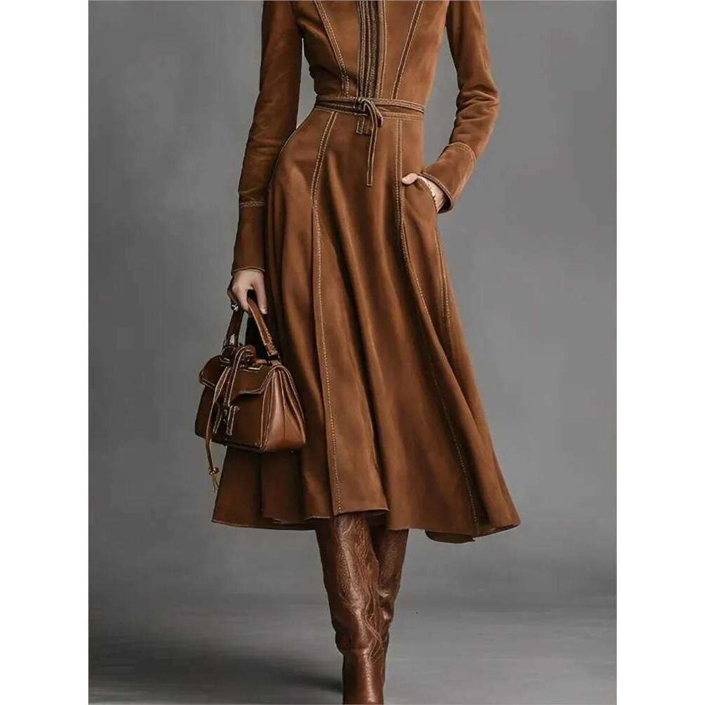 Elegant Retro Solid Suede Lace Up Dresses Woman Stand Collar Zipper Slim A-line Sleeve Pocket High Street Long Dress XJ260225
