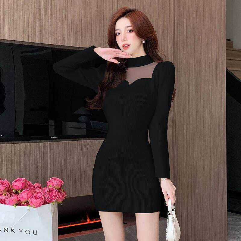 Spring French Fashion Sexy Knitted Party Women's High-neck Sheer Slim Bodycon Sweater Dress Casual High-street Clothing XJ260225