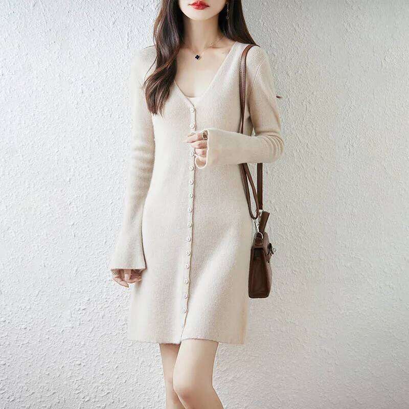 Yoyoselect 100% Merino Wool Women's Mini V Neck Bottoned Knitted Dress A Line Soft Warm Autumn Winter Cashmere Dresses XJ260225
