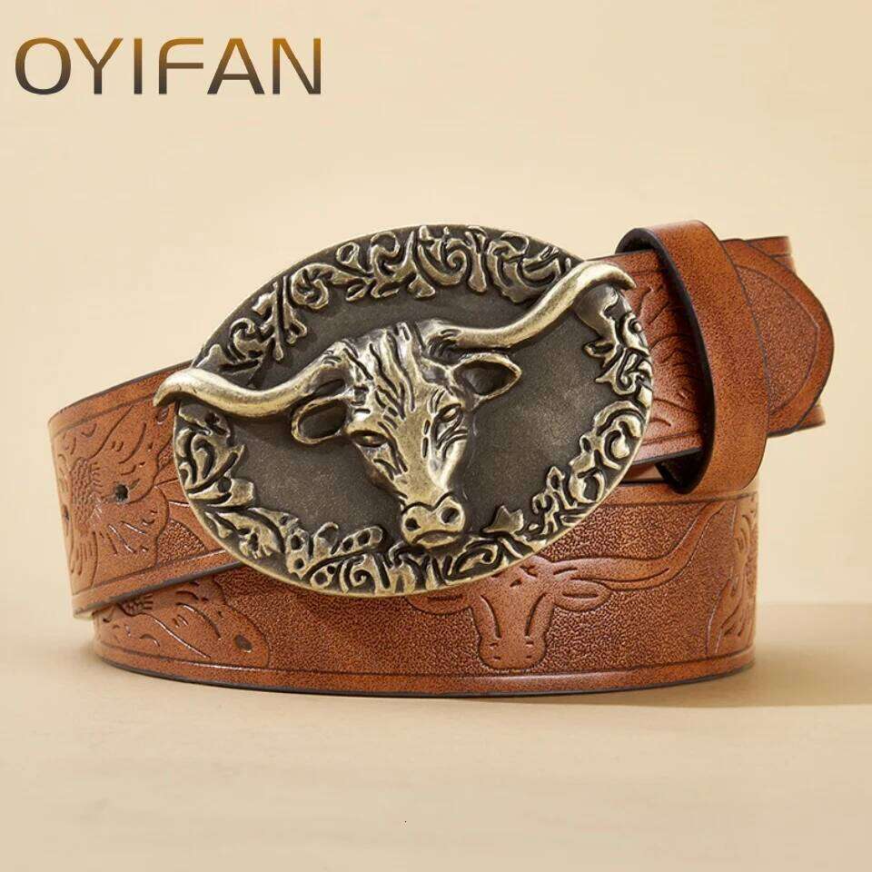 Western Leather Belts Cowboy Longhorn Bull Pattern Floral Engraved Buckle Belt for Men Y260225
