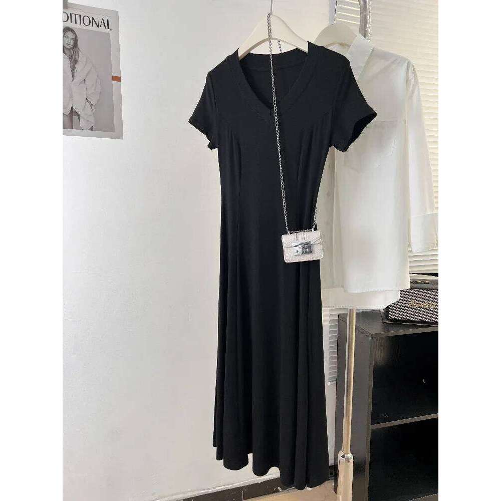 Zjaiss 2026 Waist Cinched Mid Length Black Hepburn Style Frock Autumn New Modal V-neck Short Sleeve Dress XJ260225