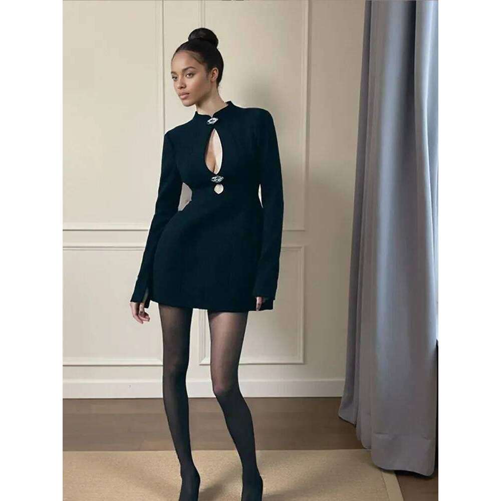 Women Hollow Out Short Dresses Black Round Neck Full Sleeve Waisted Bodycon A-line Vestidos 2025 Lady Daily High Street Gowns XJ260225
