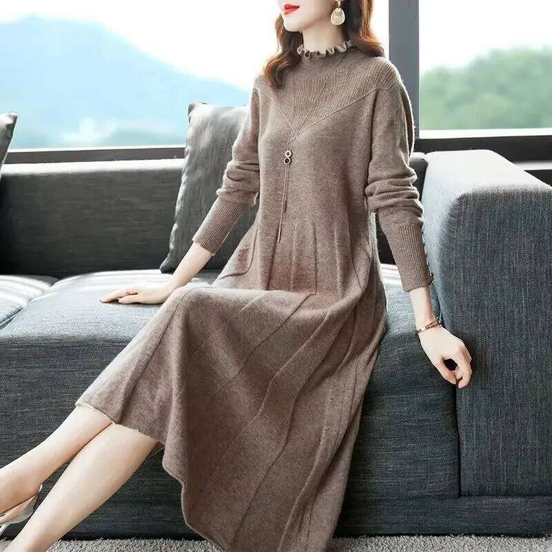 Autumn Winter Women Knitted Sweater 2025new Solid Long Pullover Loose Over Knee Elegant Ladies Knitwear Bottom Dress XJ260225