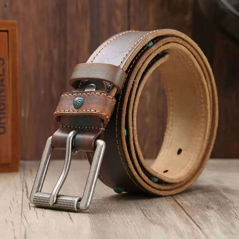 Rivet Retro Men's Top Layer Genuine Leather Pin Buckle Male Hand-sewn Cowskin Luxury Quality Designer Belt Men Y260225