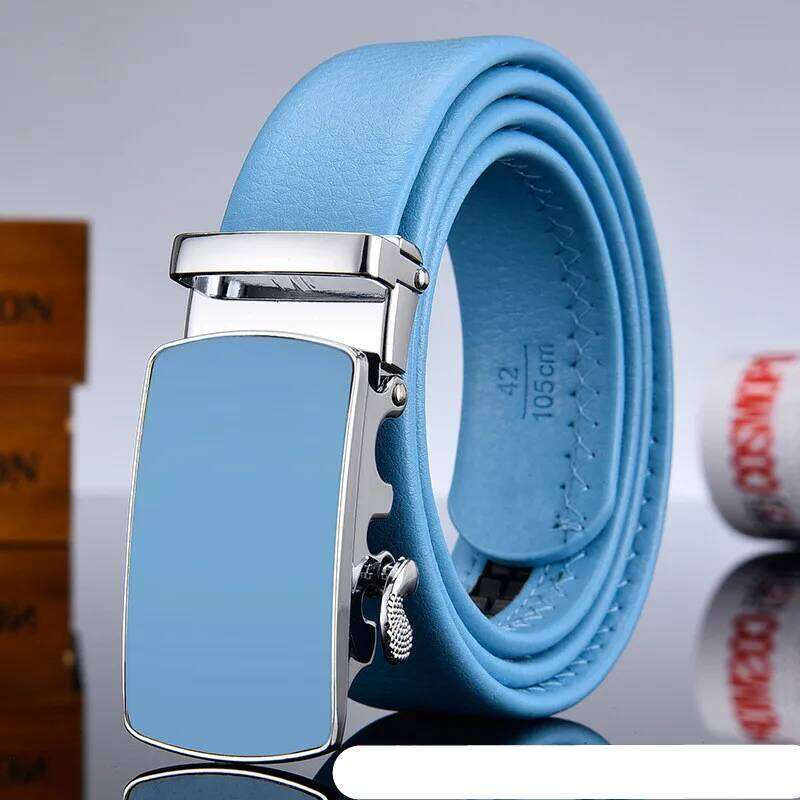 Men and Women Sky-blue Automatic Buckle 2024 New Fashion Male Business Leisure Belt Bandwidth 3CM & 3.5CM Y260225