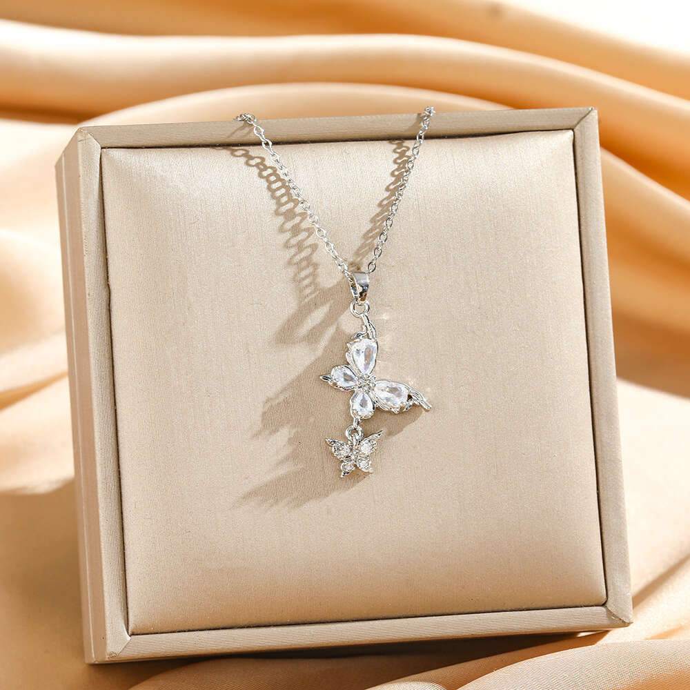 Light Luxury Double Butterfly Titanium Steel Necklace For Women Cross-border Full Diamond Inlaid Zircon Chain