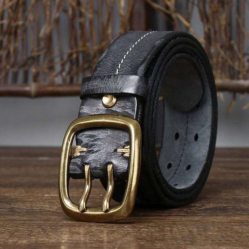 3.8cm Pure Cowskin Genuine Leather Men Copper Double Needle Pin Buckle High Quality Luxury Male Strap Jeans Military Belt Y260225