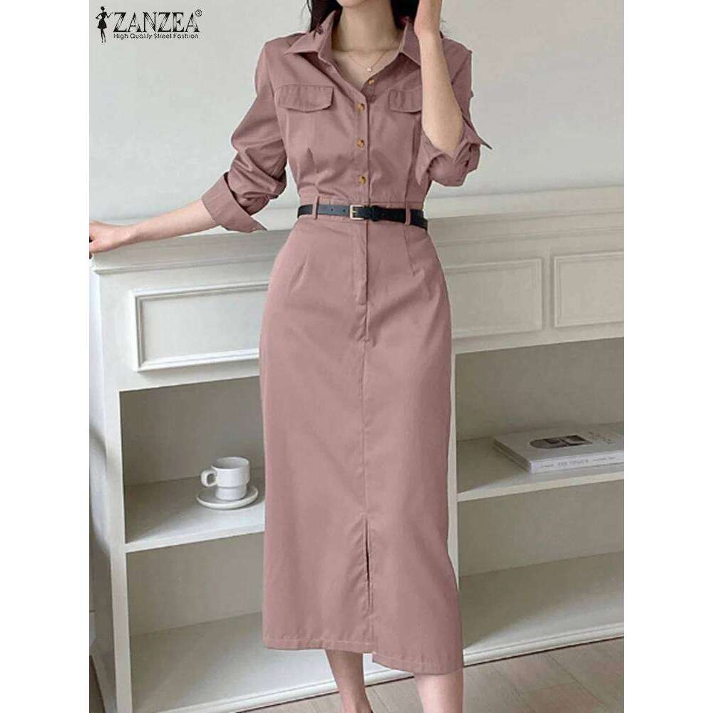 Casual Lapel Long Sleeve Vestidos ZANZEA Women Solid Work Dresses 2025 Spring Waisted No Belted Office Lady Midi Spilt Robe XJ260225