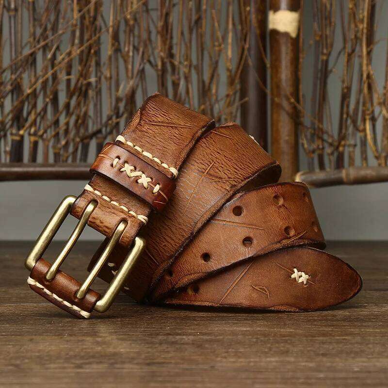 3.8CM Men's Retro Vintage Real Genuine Leather Double Needle Buckle Classic Hole Jeans Belt Cowboy Strap Y260225