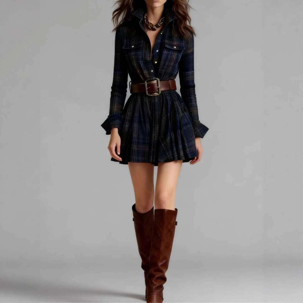 French Retro Plaid Print Slit Dresses Woman Elegant Turn-down Collar Button Maxi Autumn Long Sleeve Pocket Boho Dress XJ260225