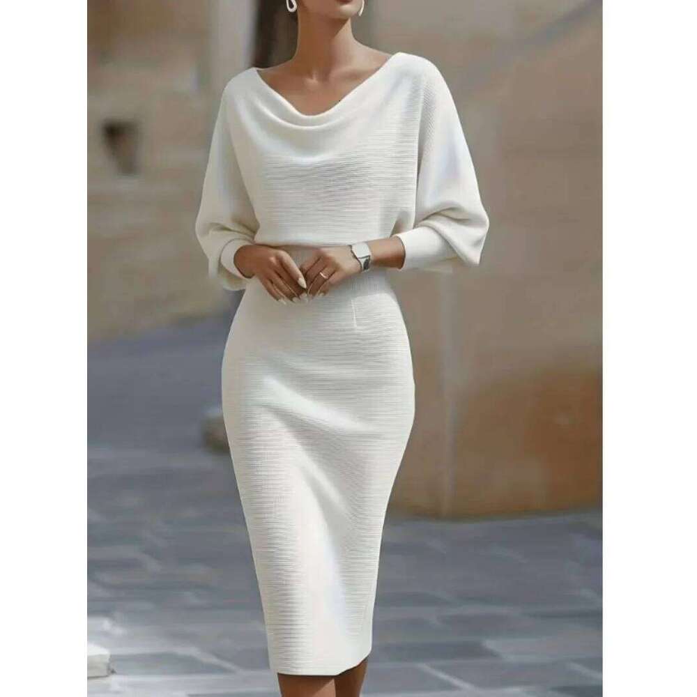 Elegant White Cowl Neck Midi Dress - Long Sleeves Bodycon Fit Perfect for Office Party Wedding XJ260225