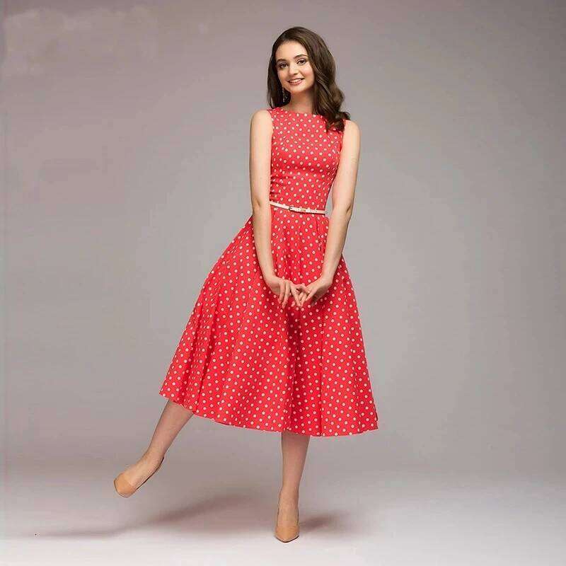 Vintage Sleeveless O-neck Vestidos Women Elegant Thin Dot Printing Mid-Calf Casual Dress Female 2023 Summer New XJ260225