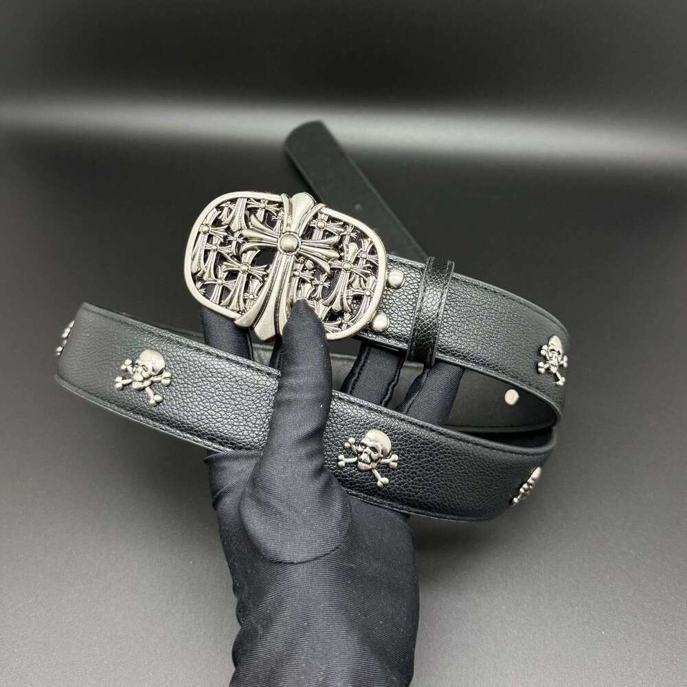 Metal Skull Cross Rivet Genuine Leather Cowboy Belt Genuine Leather Cowskin Men Belt Punk Rivet Jeans Belts For Men Ceinture