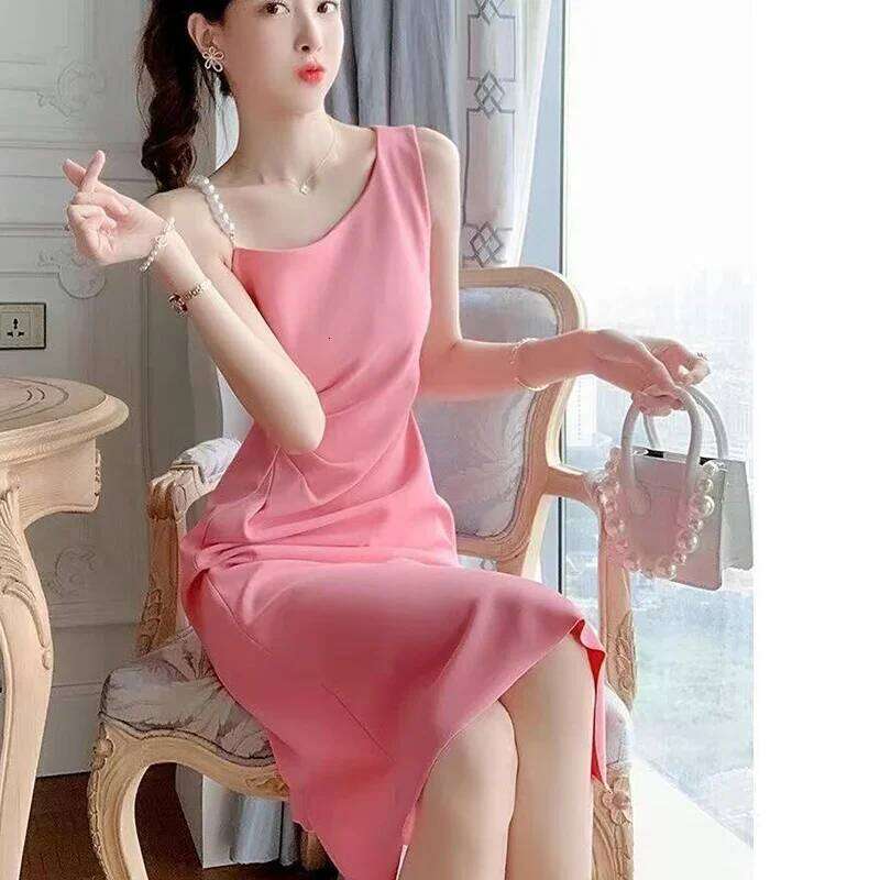 Pearl Spaghetti Strap Design Mermaid Ladies French Inclined Shoulder Dresses Female Elegant Solid Color Maix Dress Mujer XJ260225