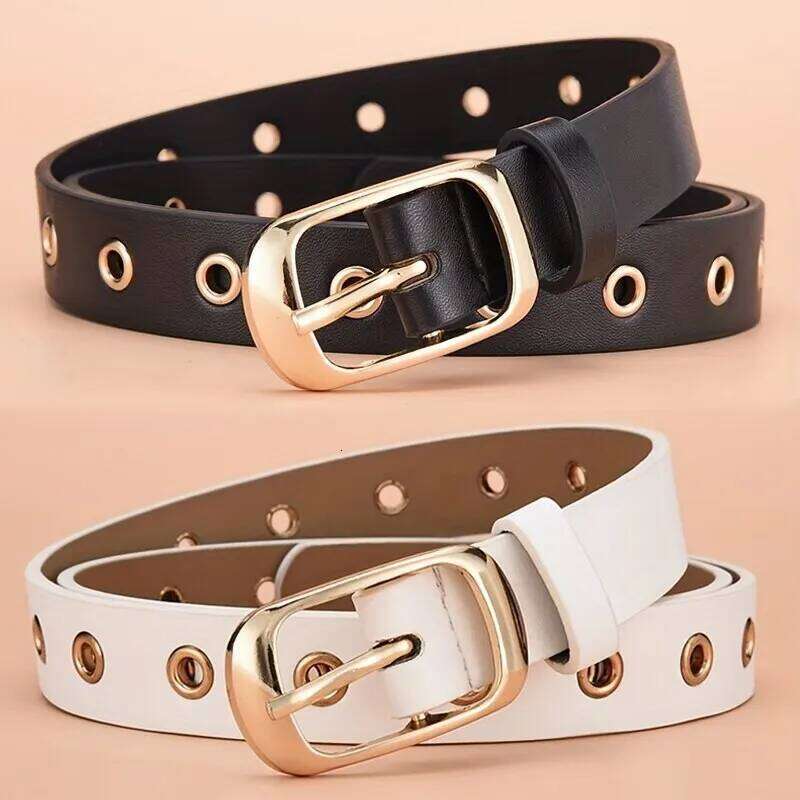 1pc New Women's Fashion Metal Eyelet No Punching Hollow PU Leather Paired with Jeans Belt for Men and Women Y260225