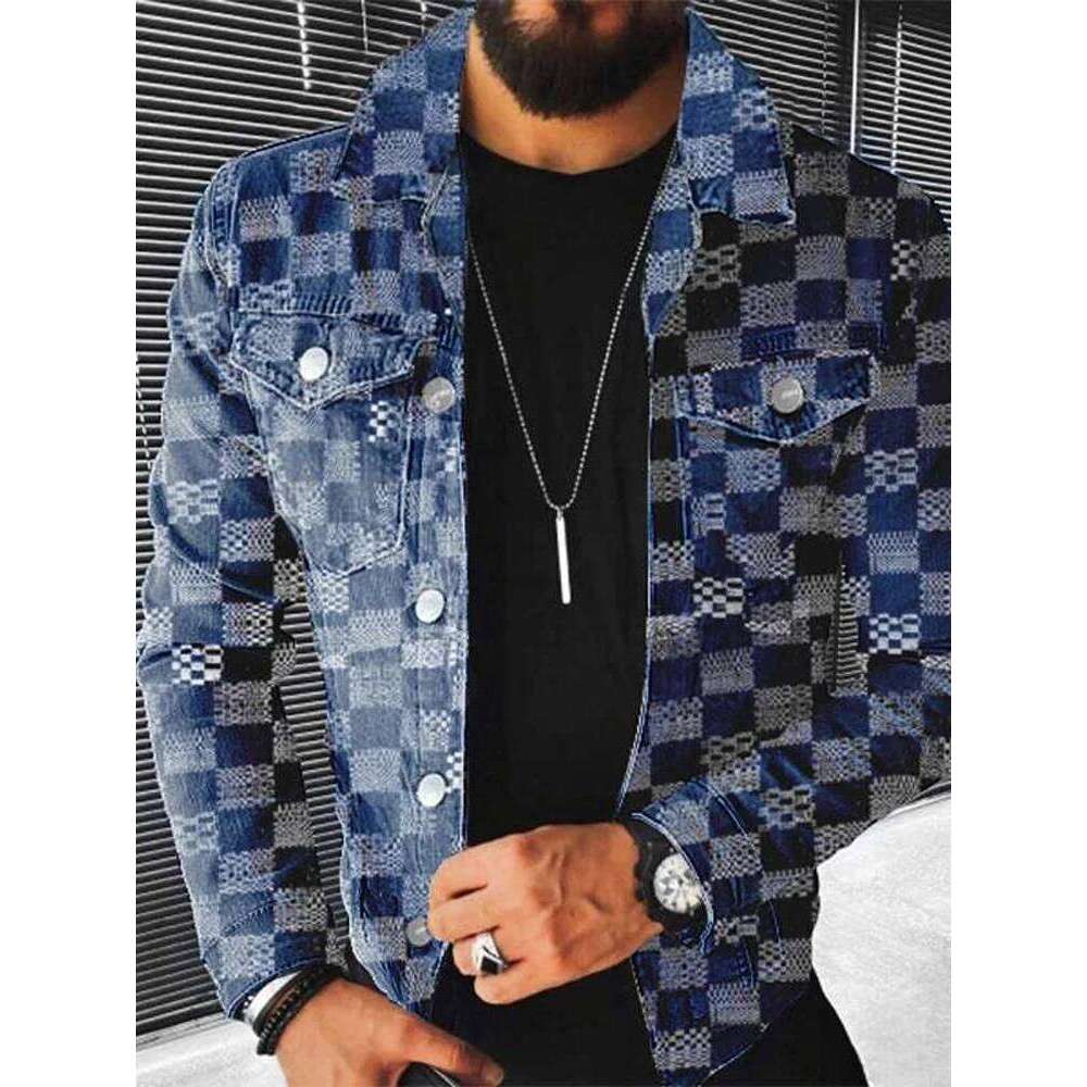 Hip Hop Men's Denim Jacket Streetwear Fashion Plaid Jean Coats For Men Autumn Winter Casual Long Sleeve Slim Outerwear Mens Coat