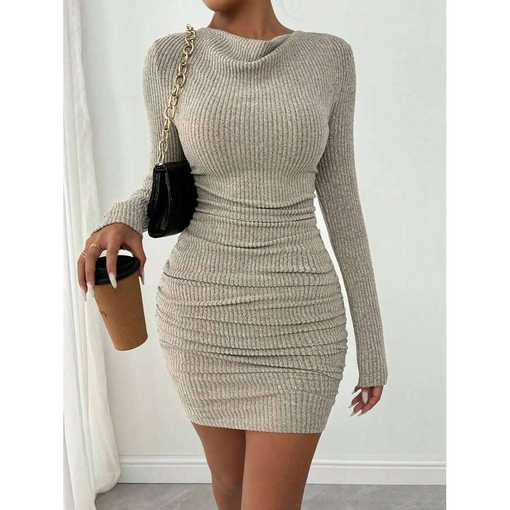 Elegant Asymmetric Hem Knit for Women with Ruffle Collar Long Sleeve Slim Fit Autumn Winter Fashion Dress XJ260225