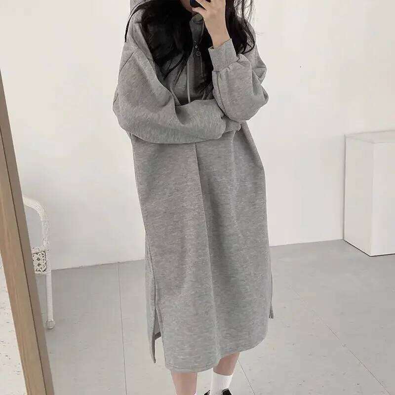 Hooded Dresses for Women Autumn Winter Baggy Plus Velvet Sporty College Midi Simple Korean Style Basic Young Fashion Vestidos XJ260225
