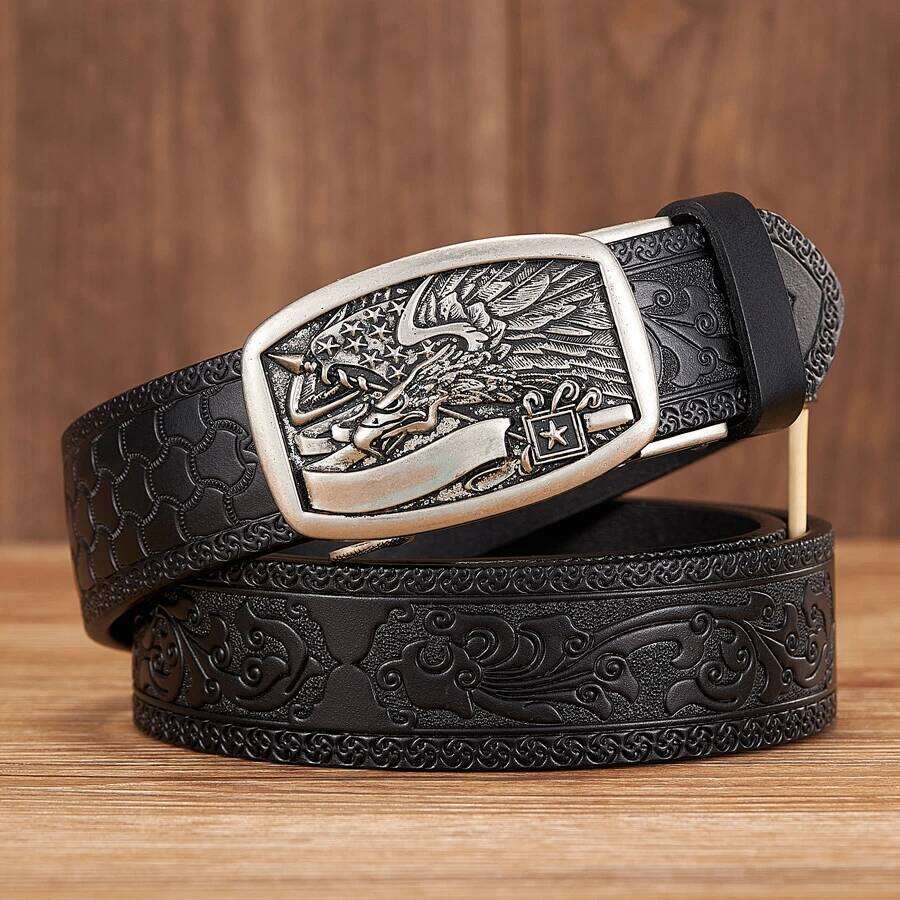 3.5cm New Eagle Pattern Split Quality Alloy Automatic Buckle Wasitbad Strap Genuine Leather Gift Belt Men Y260225