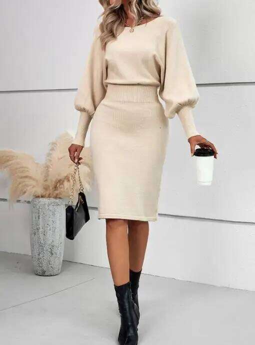 2025 Autumn Winter Women's Knitted Woolen Dress with Long Sleeved Sexy Solid Color Waist Cinching Slimming Hip Hugging Skirt XJ260225