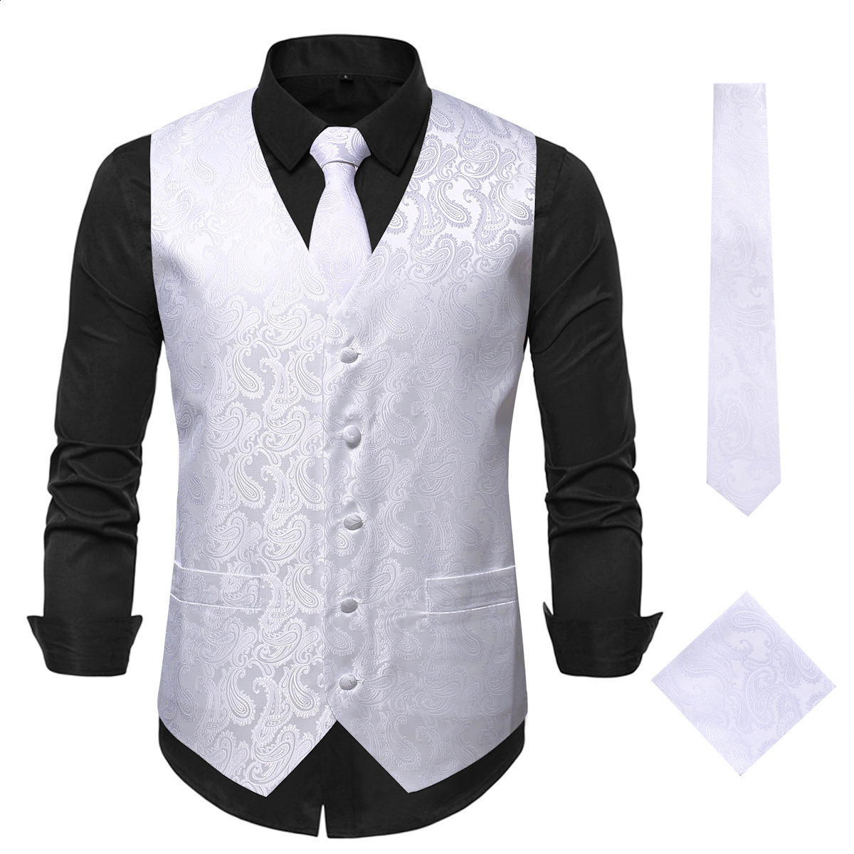 Men's Vests Hi-Tie 20 Color Silk Men's Vests Tie Business Formal Dress Slim Sleeveless Jacket 4PC Hanky Cufflink Blue Paisley Suit Waistcoat