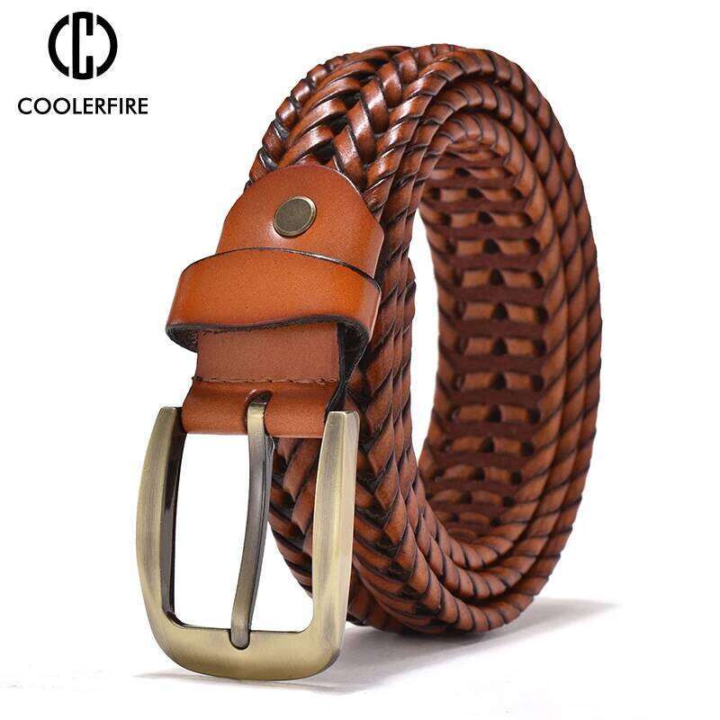 Genuine Leather Braided Webbing High Quality Hand Vintage Belts Men Gold Pin Buckle Casual for Jeans Strap HQ212 Y260225