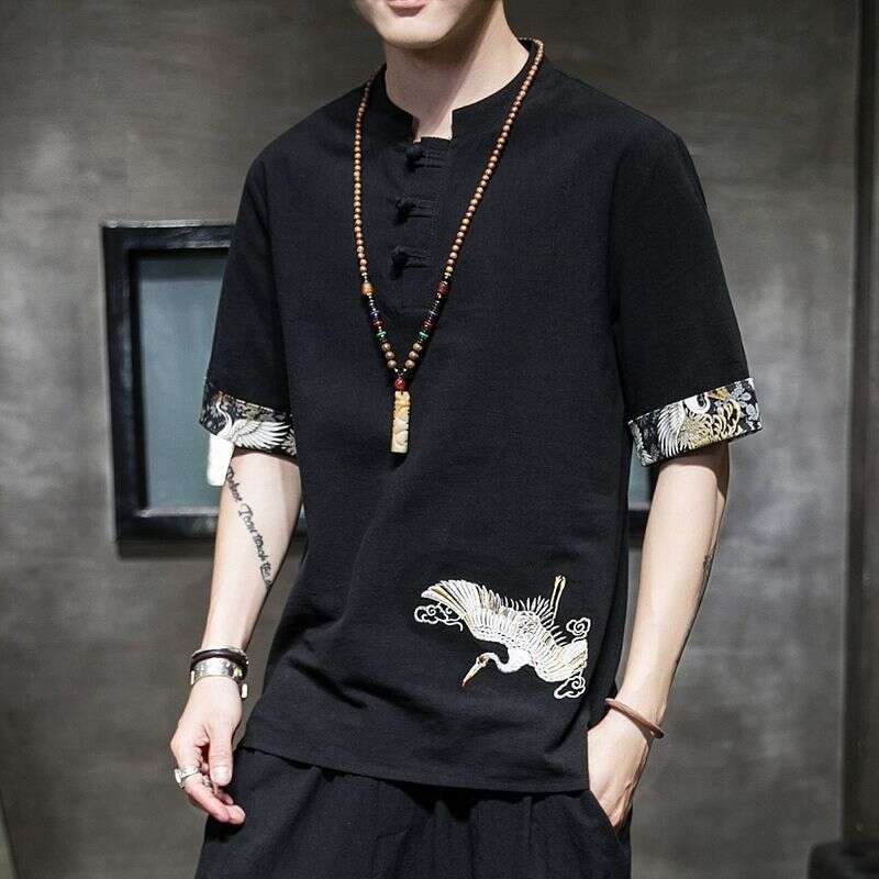 Men's Short sleeve New Chinese Style Embroidered Cotton Linen Top Loose Fit Stand Collar With Frog Buttons And Crane Embroidery Comfortable Soft - view 5