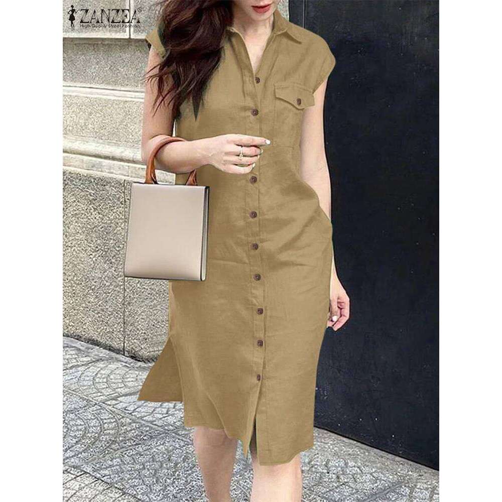 2025 Summer ZANZEA Women Fashion Shirt Dress Elegant Lapel Neck Sleeveless Work OL Dresses Casual Solid Holiday Vestidos XJ260225