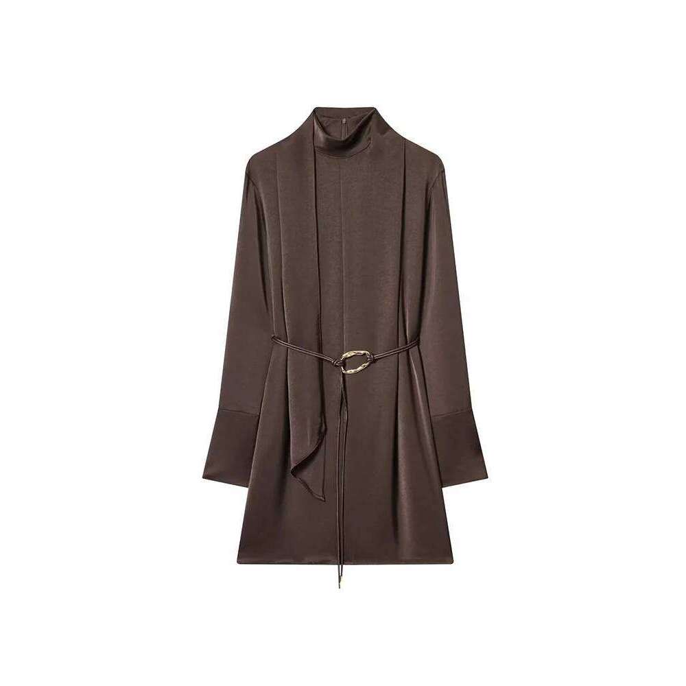 TFMLN New Arrivals Women's Half High Neck Long Sleeve Slim Fit Belt Decoration Temperament Elegant Short Dress XJ260225